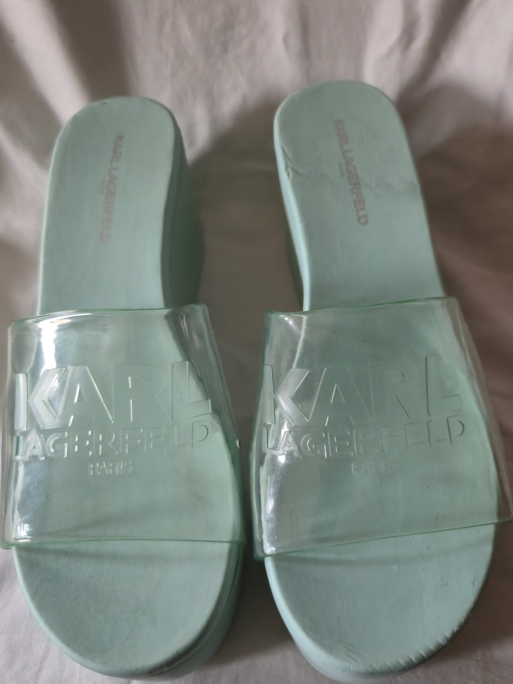 Karl Lagerfeld Mint Green Clear-Band Slide Sandals